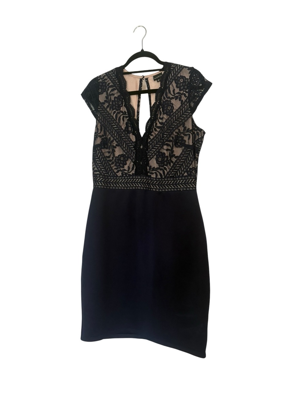 Black Lace-Trim Midi Dress with V-Neck